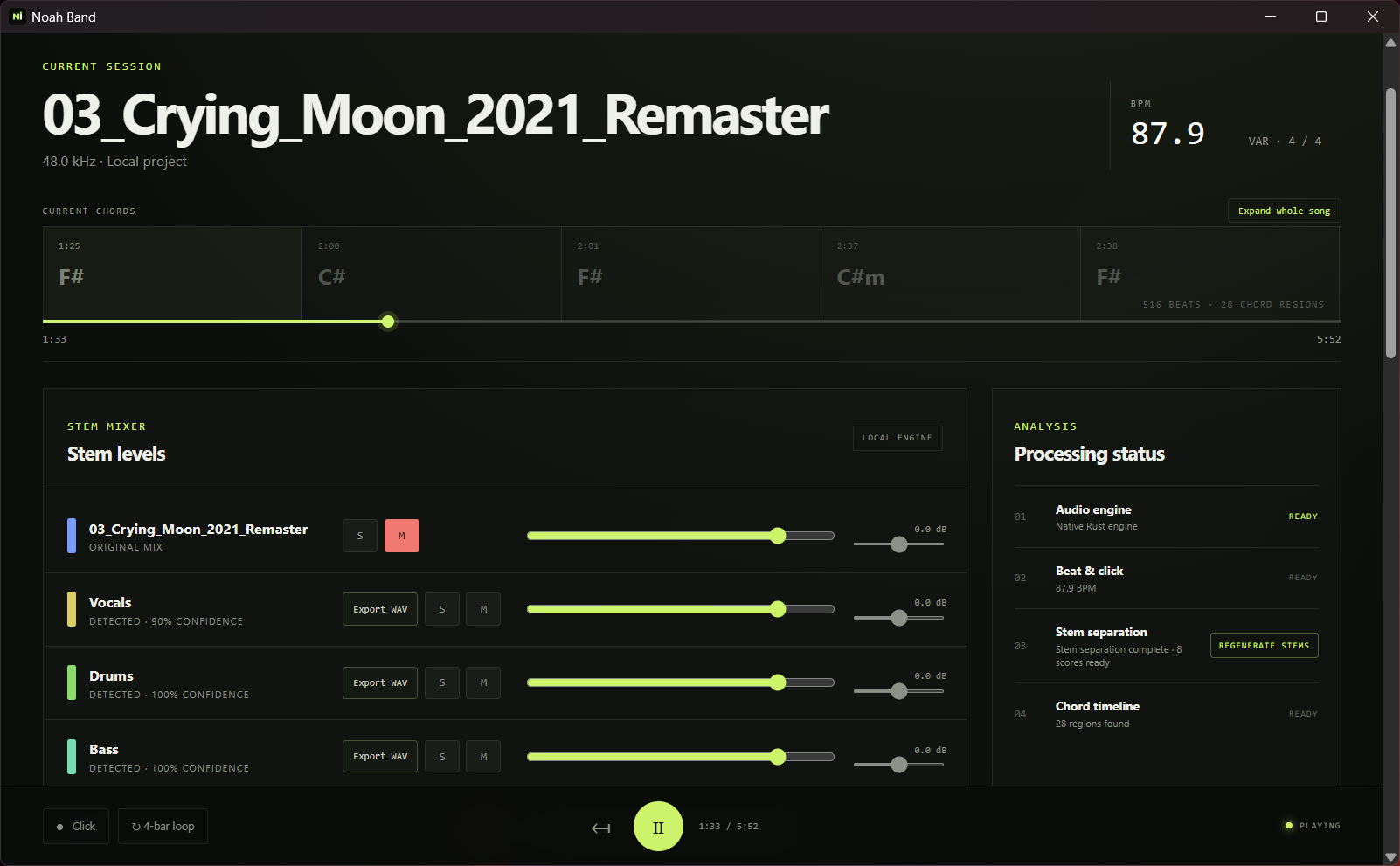 Noah Band stem mixer, chord timeline, and song analysis interface