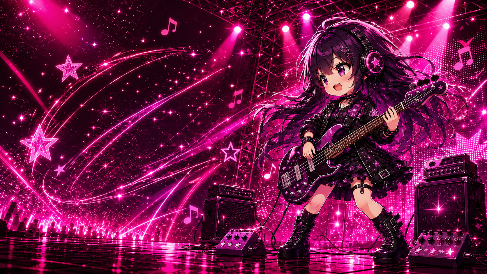 Anime bassist performing on a neon stage