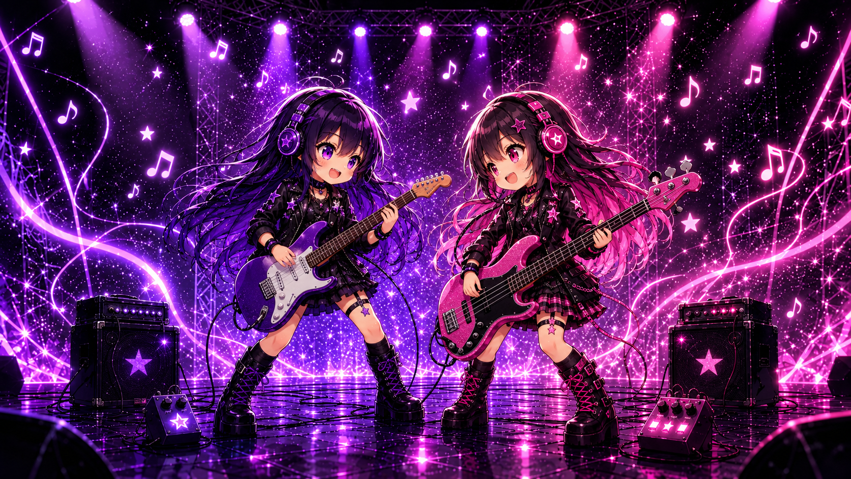 Two anime musicians performing with a guitar and bass on a neon stage
